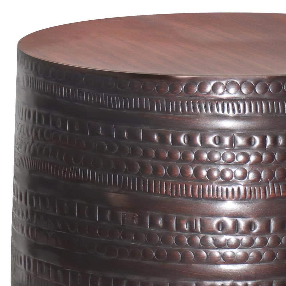 Simpli Home 15"W Metal Boho End Table with Drum Design and Textured Finish, Assembled