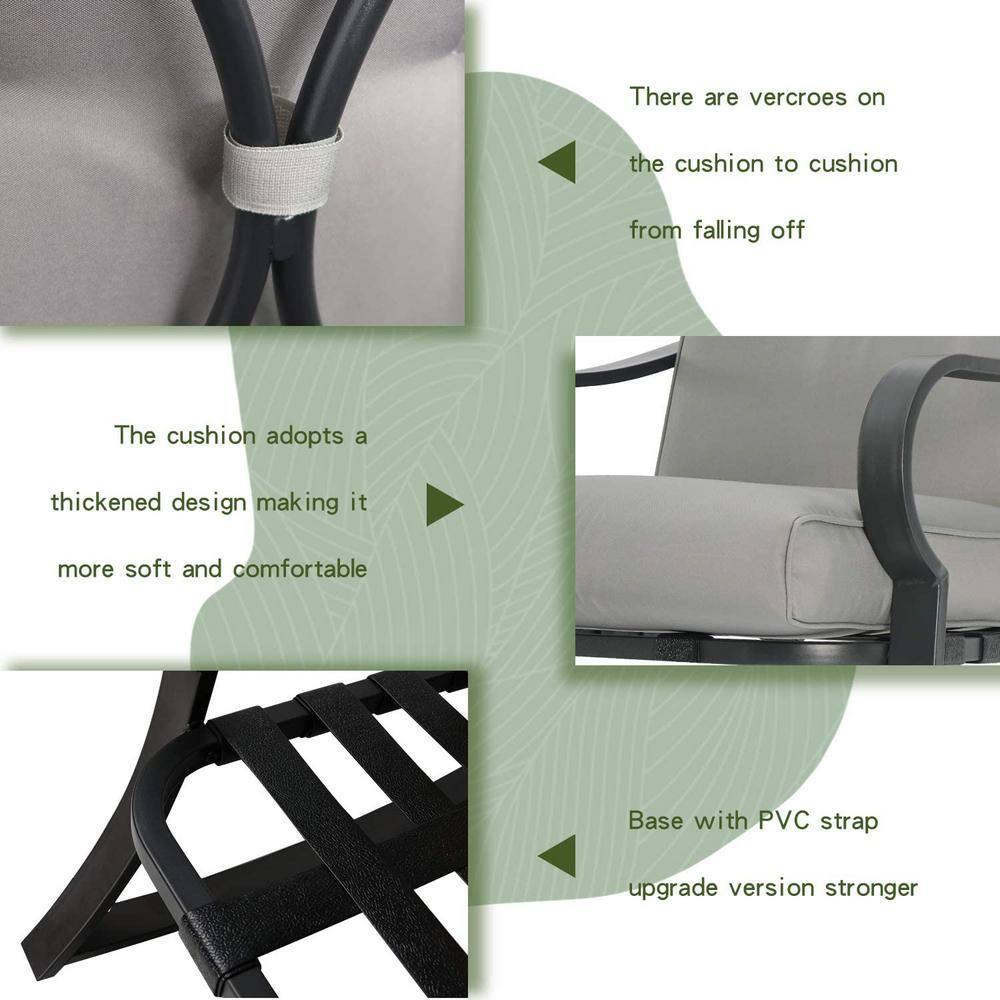 Crownland Outdoor Rocking Chairs Patio Furniture 3 Piece Patio Set Bistro Table Set Black Iron with Thickened Cushions and Glass Coffee Table, Grey