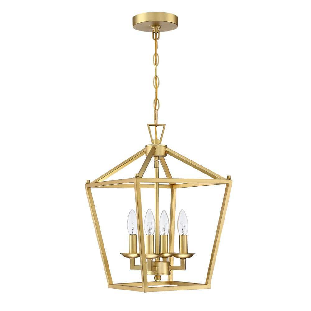 Rustic Lantern Chandeliers 4-Light Ceiling Cage Hanging Lights Gold Pendant Light Fixtures for Kitchen Island Dining Room Farmhouse Entryway Foyer