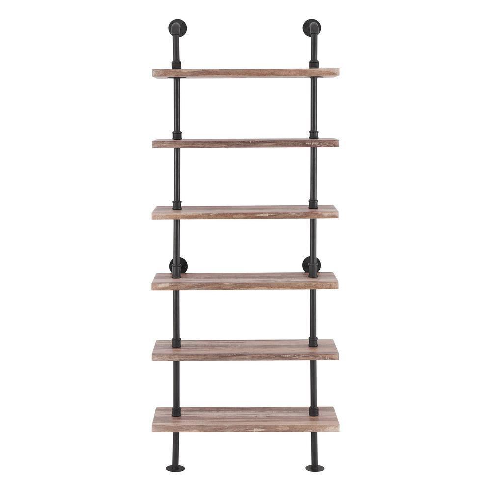 Modern Industrial 6-Tier Iron Pipe wall Mount Ladder Shelf Distressed Wood - Danya B.: Floating, Open Design, Laminated Surface