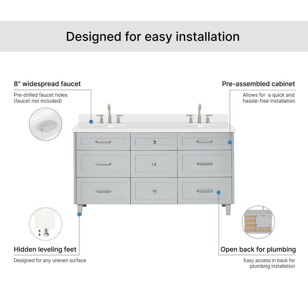 Ariel Bath Ariel Monrow 67 Inch Double Oval Sink Bathroom Vanity With Pure White Quartz Countertop