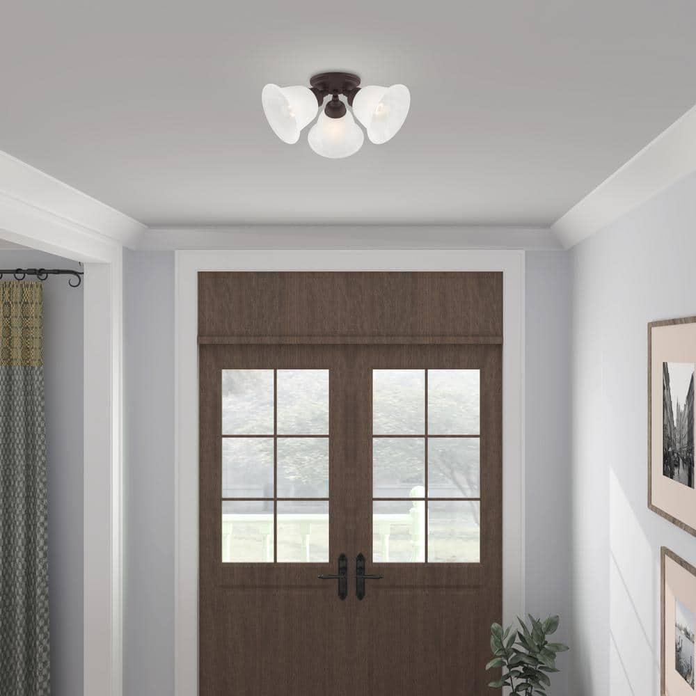 3 Light Bronze Ceiling Light fixture with White Alabaster Glass Shade