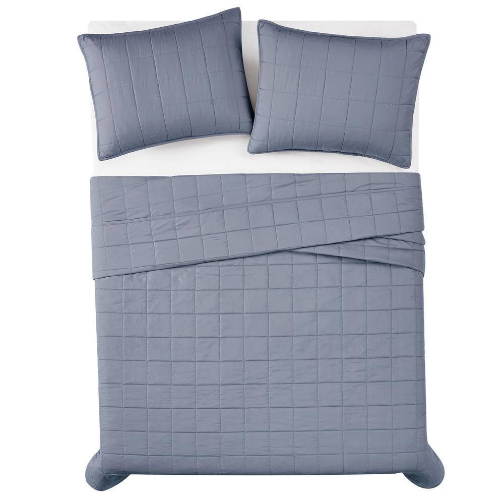 2pc Twin/Twin Extra Long Garment Wash Solid Quilt Set Blue - London Fog: Microfiber Bedding with OEKO-TEX Certified