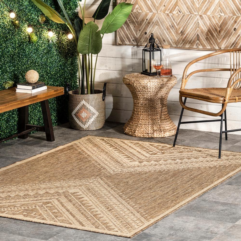 Steelside™ Zac Geometric Indoor/Outdoor Area Rug for Living Room Patio Deck Front Porch Kitchen, Brown/Ivory
