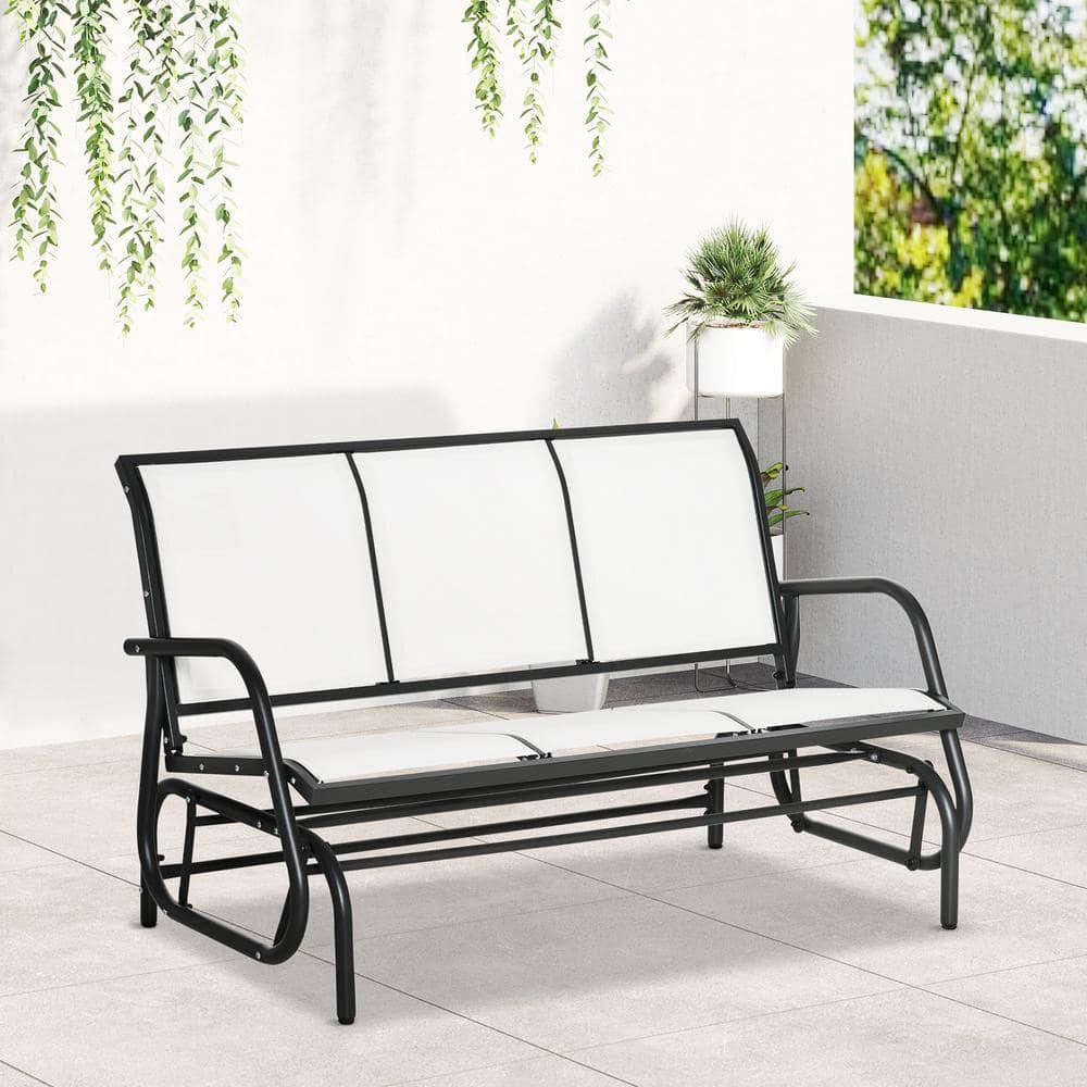 Outsunny Patio Glider Bench, Outdoor Porch Glider Swing with 3 Seats, Breathable Mesh Fabric, Metal Frame, Cream White