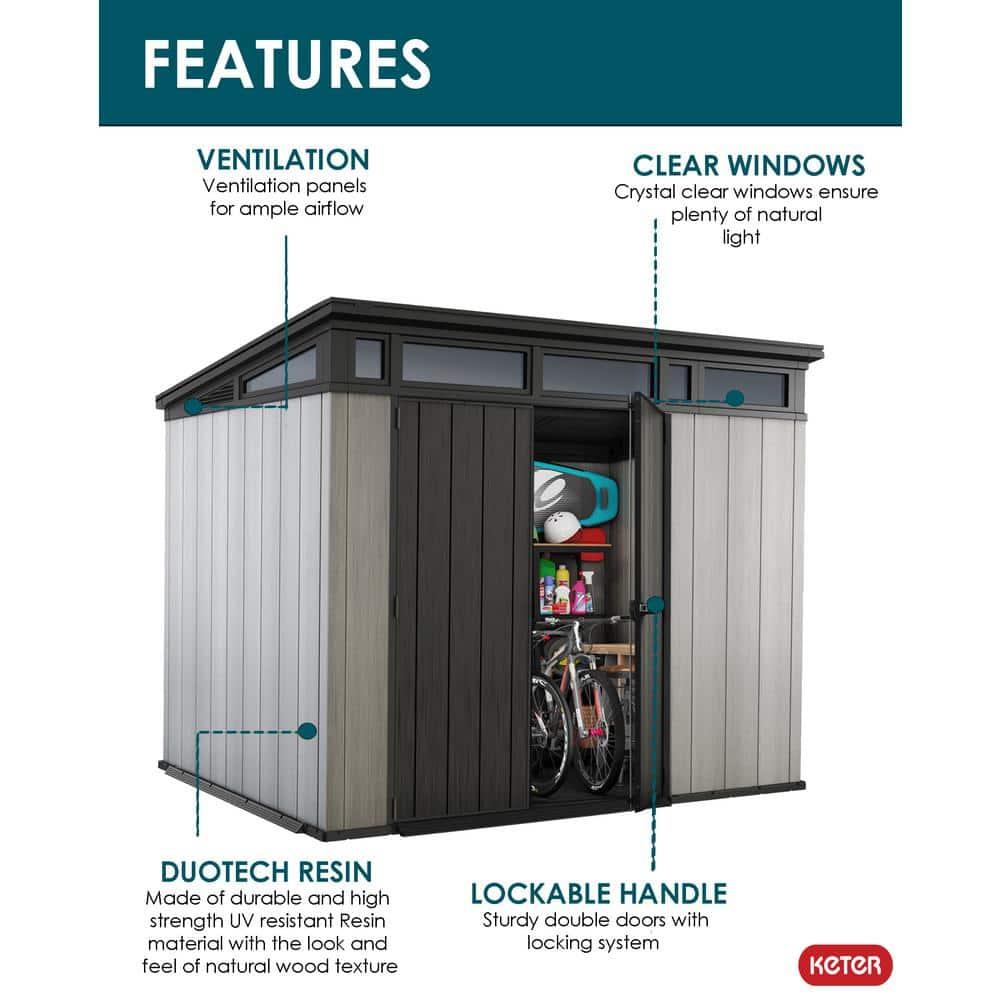Keter Keter Artisan 9x7 ft. Modern Durable Resin Outdoor Storage Shed With Floor and Double Doors for Garden Patio Furniture and Tools, Grey