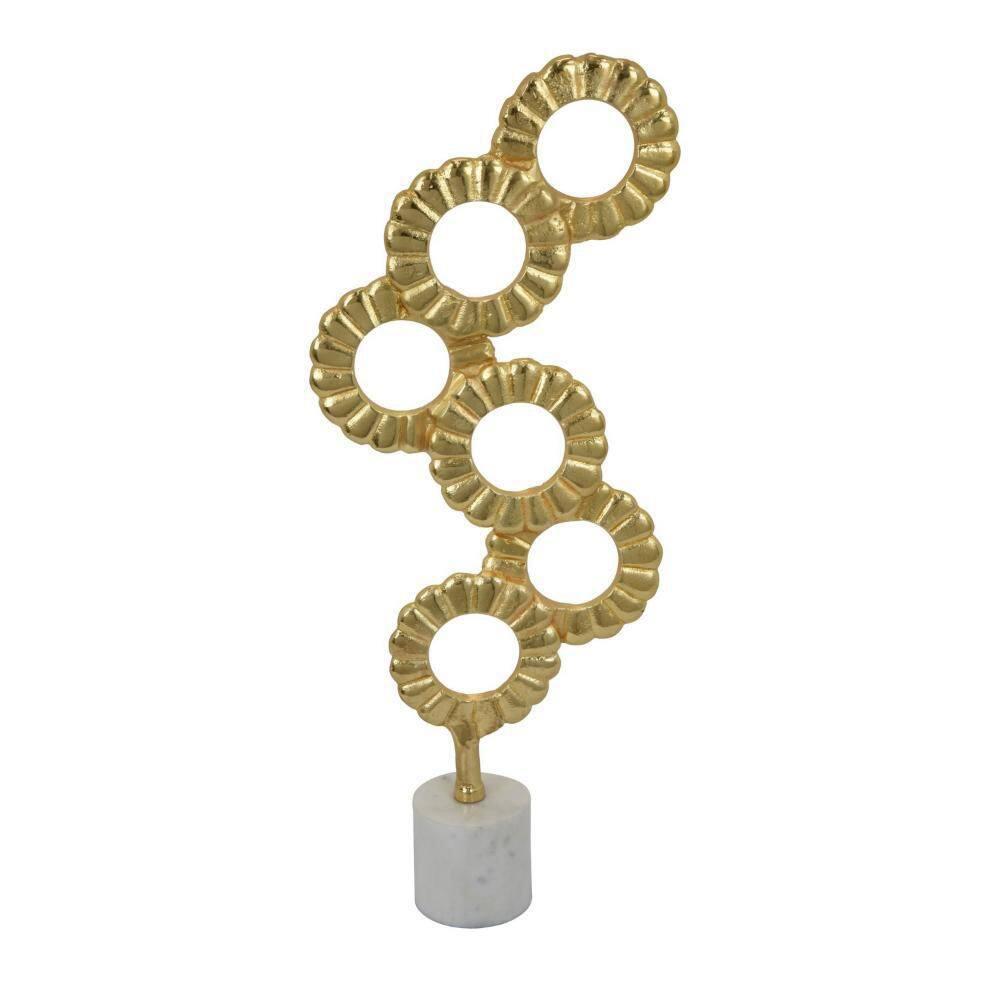 Benjara Sherry Tabletop Decor, 23 Inch Golden Metal Round Patterns, White Base