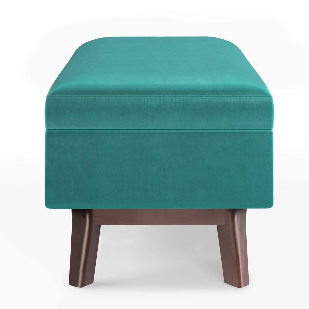 Simpli Home Owen 36 inch Wide Mid Century Modern Rectangle Small Rectangular Storage Ottoman in Aqua Blue Velvet Fabric