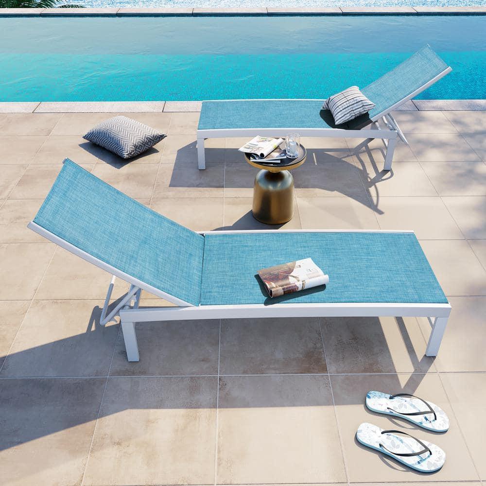Set of 2 Blue Aluminum Adjustable Outdoor Chaise Lounges