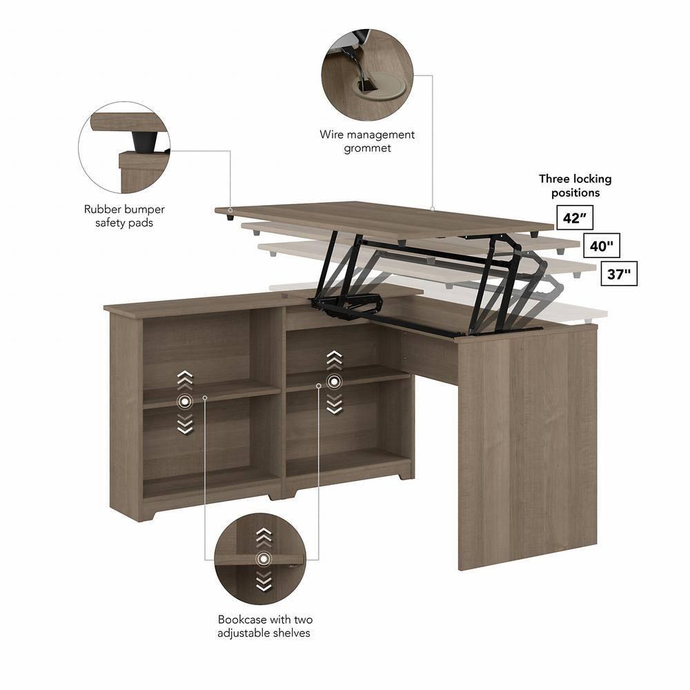 Bush Furniture Cabot 52W 3 Position Sit to Stand Corner Desk with Shelves in Ash Gray
