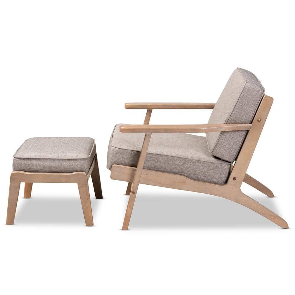 George Oliver Emsworth Mid-Century Modern 2-Piece Antique Oak Finished Armchair and Ottoman Set in Light Grey Fabric