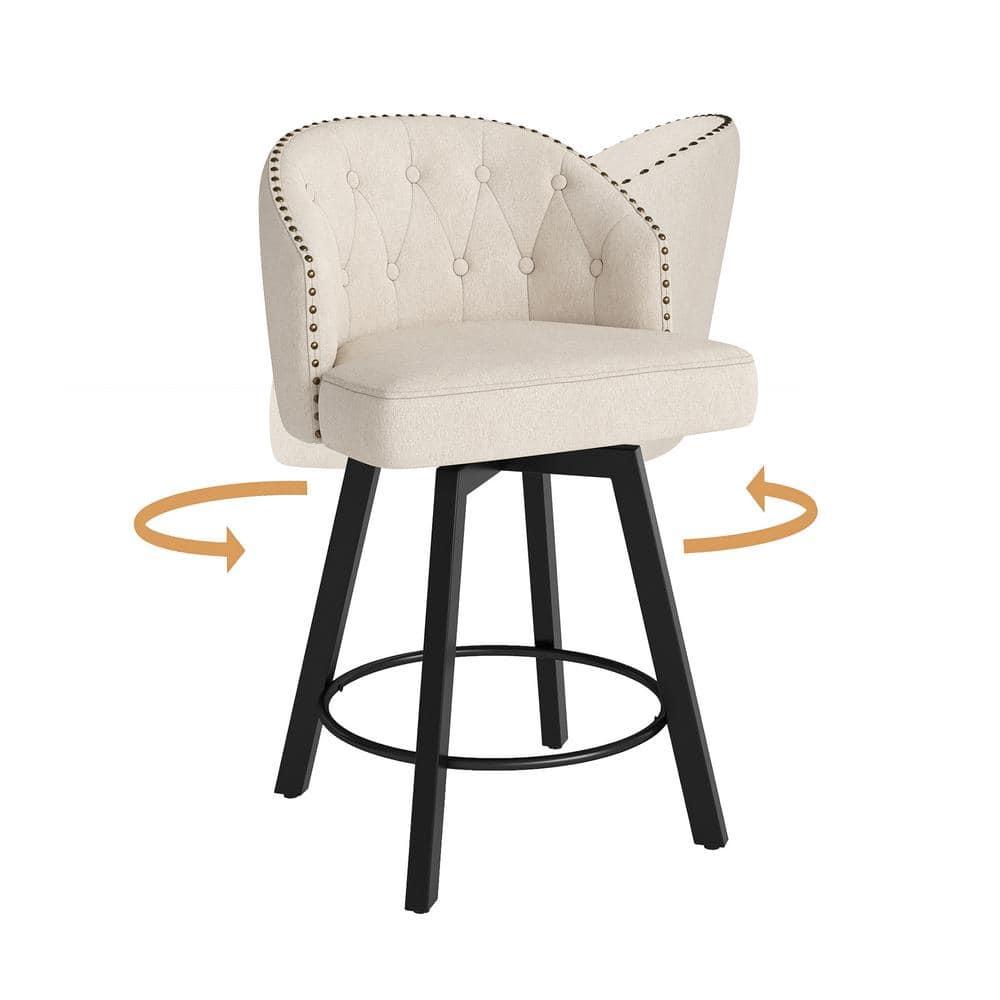 Counter Height Bar Stools Set of 3, 26" Swivel Fabric Upholstered Bar Stools with Backs and Metal Legs, Retro Counter Stools for Kitchen Island, Dining Room, Pub, Linen
