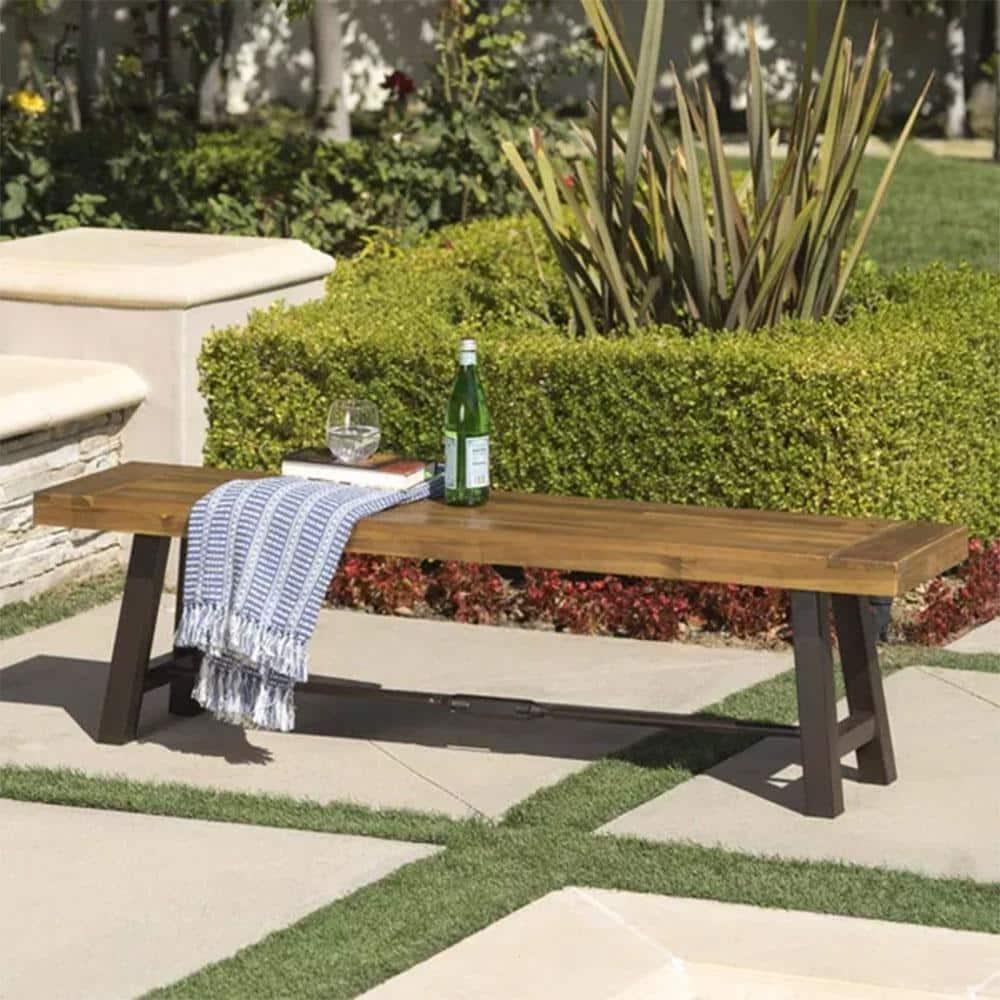 Rustic Black Steel and Acacia Wood Outdoor Bench