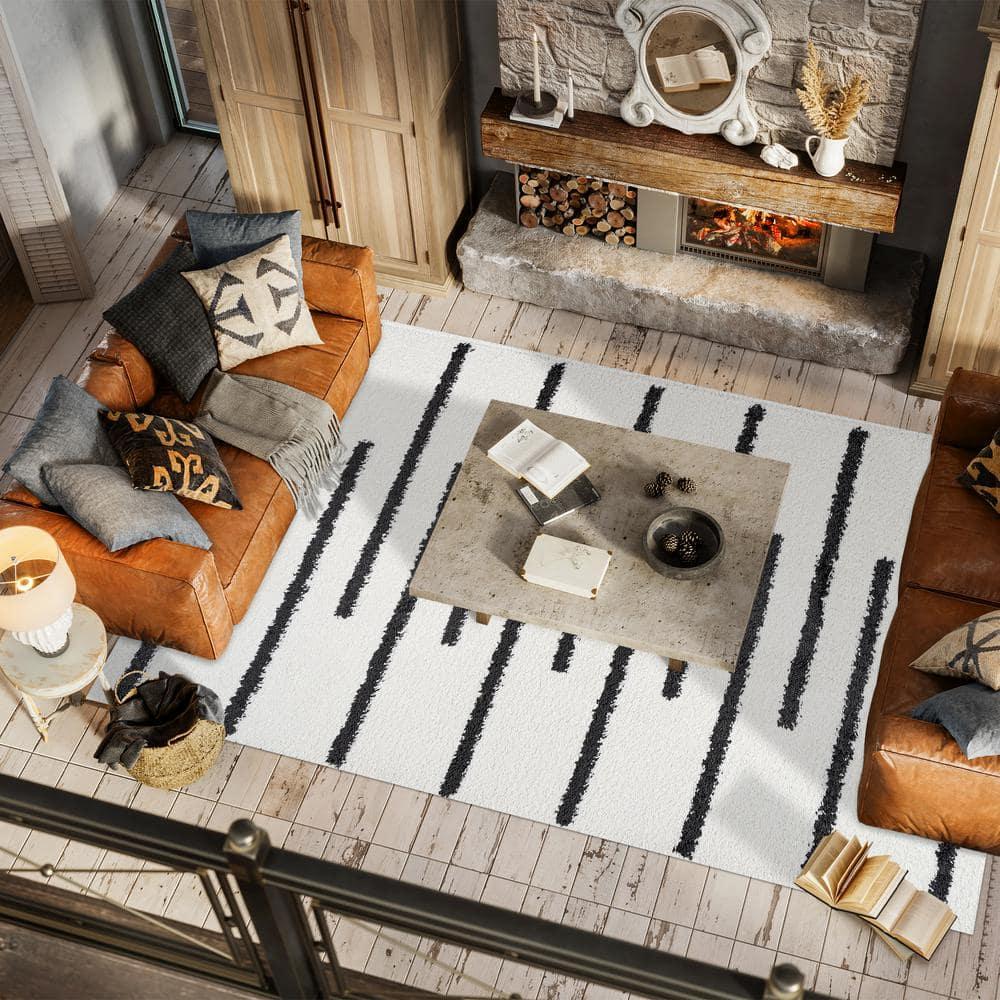 3'x5' Alaro Berber Stripe Shag Area Rug, White/Black - JONATHAN Y