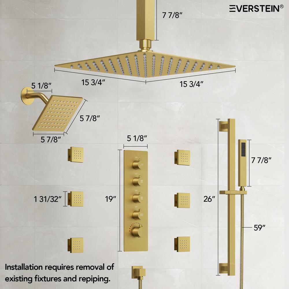 DualJetSpa 15-Spray Patterns 16" & 6" Dual Shower Head, Shower FaucetSystem with Thermostatic Rough-in Valve and Body Jets