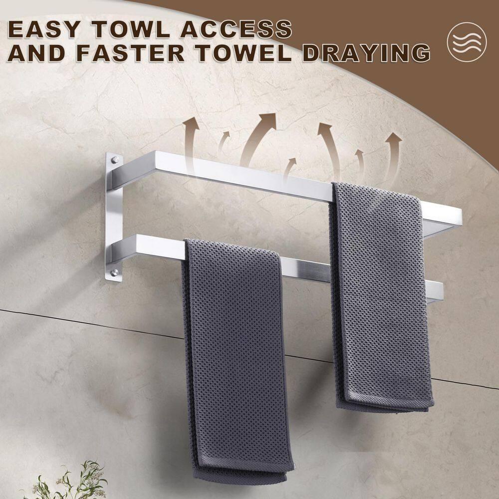 2-Tier Stainless Steel Wall Mounted Square Towel Rack With Concealed Mounting Hardware Staggered Two Rod Towel Rack