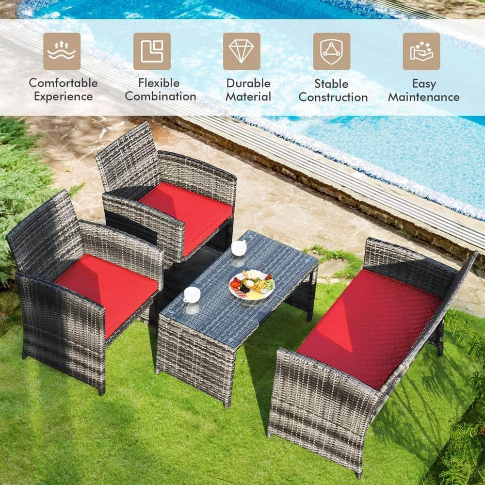 Aimee Lii 4 Pieces Wicker Patio Furniture Set with Cushions, Wicker Outdoor Sectional, Red