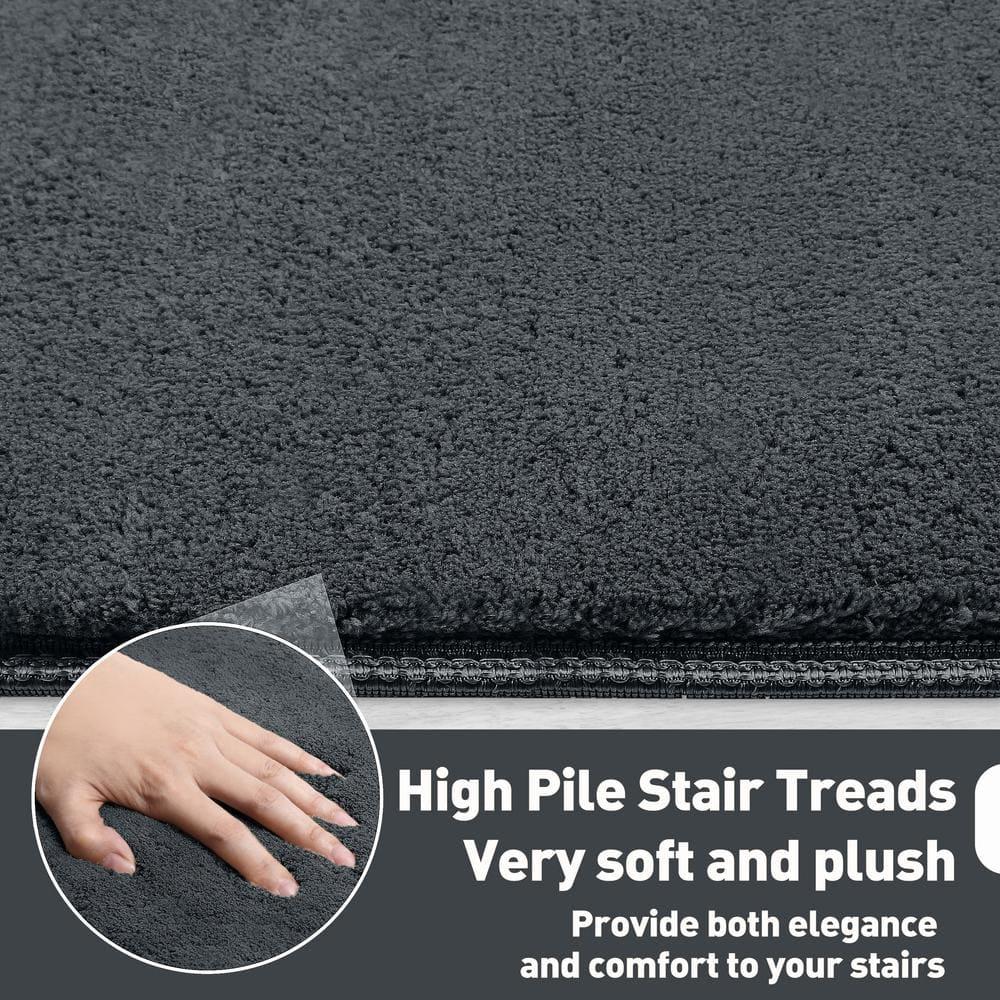 PURE ERA Non-Slip Ultra Plush Soft Bullnose Carpet Stair Treads Set of 14 Tape Free Washable Self Adhesive Dark Grey 9.5" x 30"x1.2"