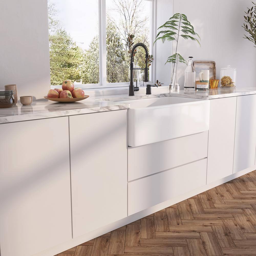 Denbigh 36'' W Farmhouse / Apron Single Bowl White Fireclay Kitchen Sink with Accessories