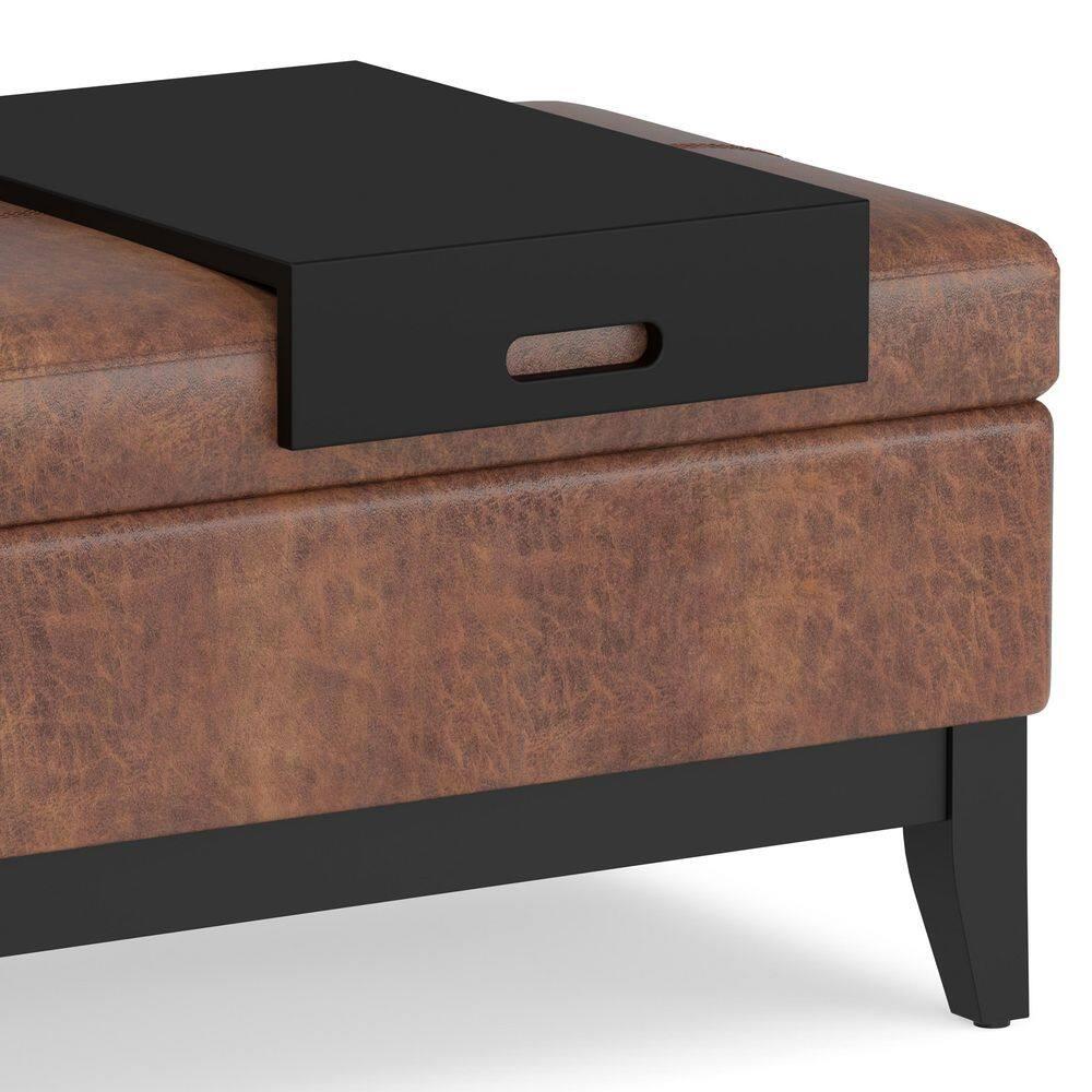 Simpli Home Oregon 42"W Upholstered Storage Ottoman Bench with Lift-Top Lid and Tray
