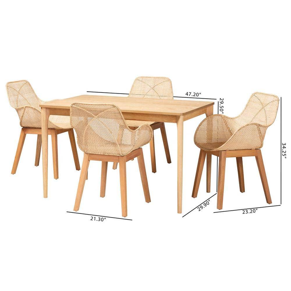 Baxton Studio Ballerina Japandi Natural Brown Mahogany Wood and Rattan 5-Piece Dining Set