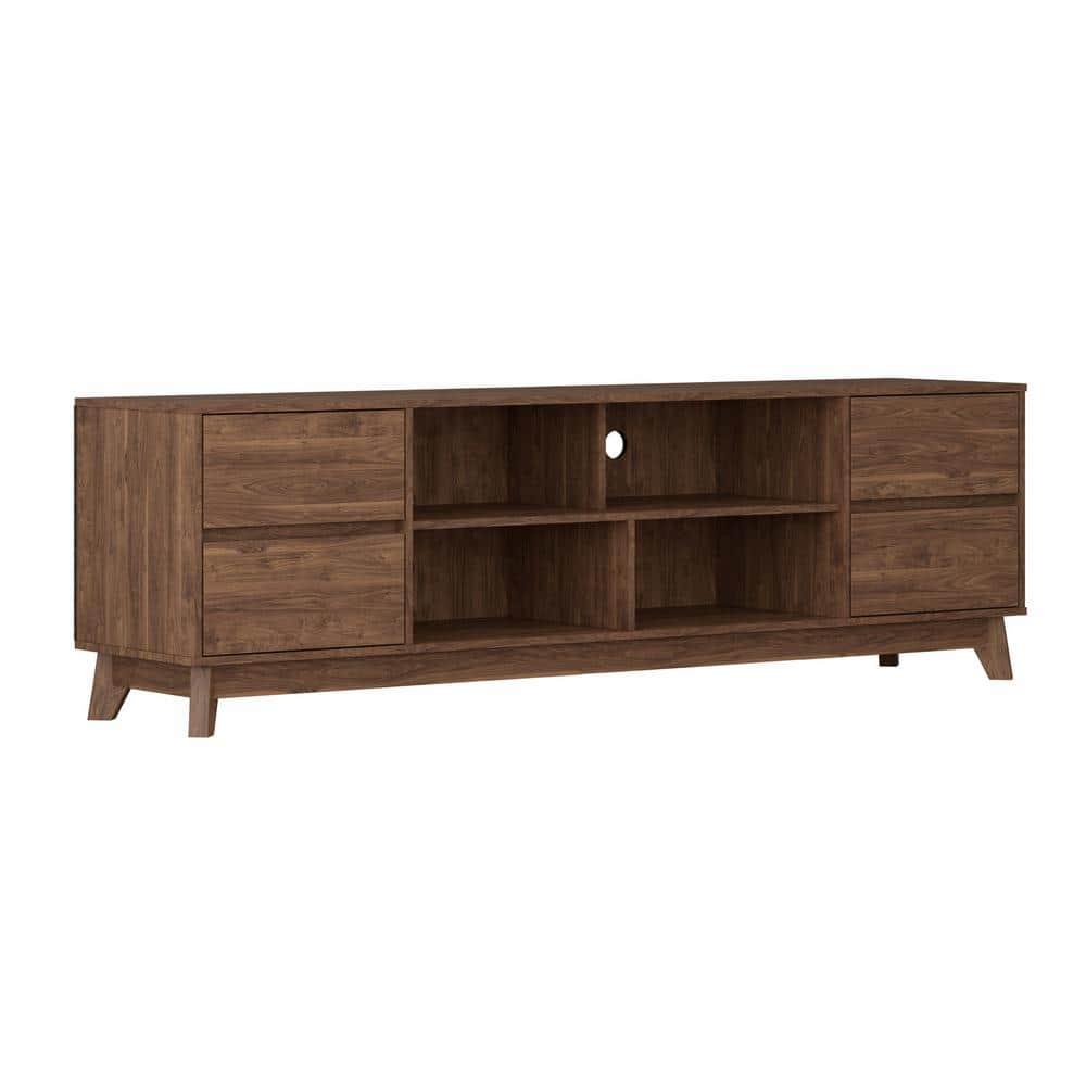 Hollywood Wood Grain TV Stand for TVs up to 85" with Drawers Brown - CorLiving: Mid-Century Modern Media Console