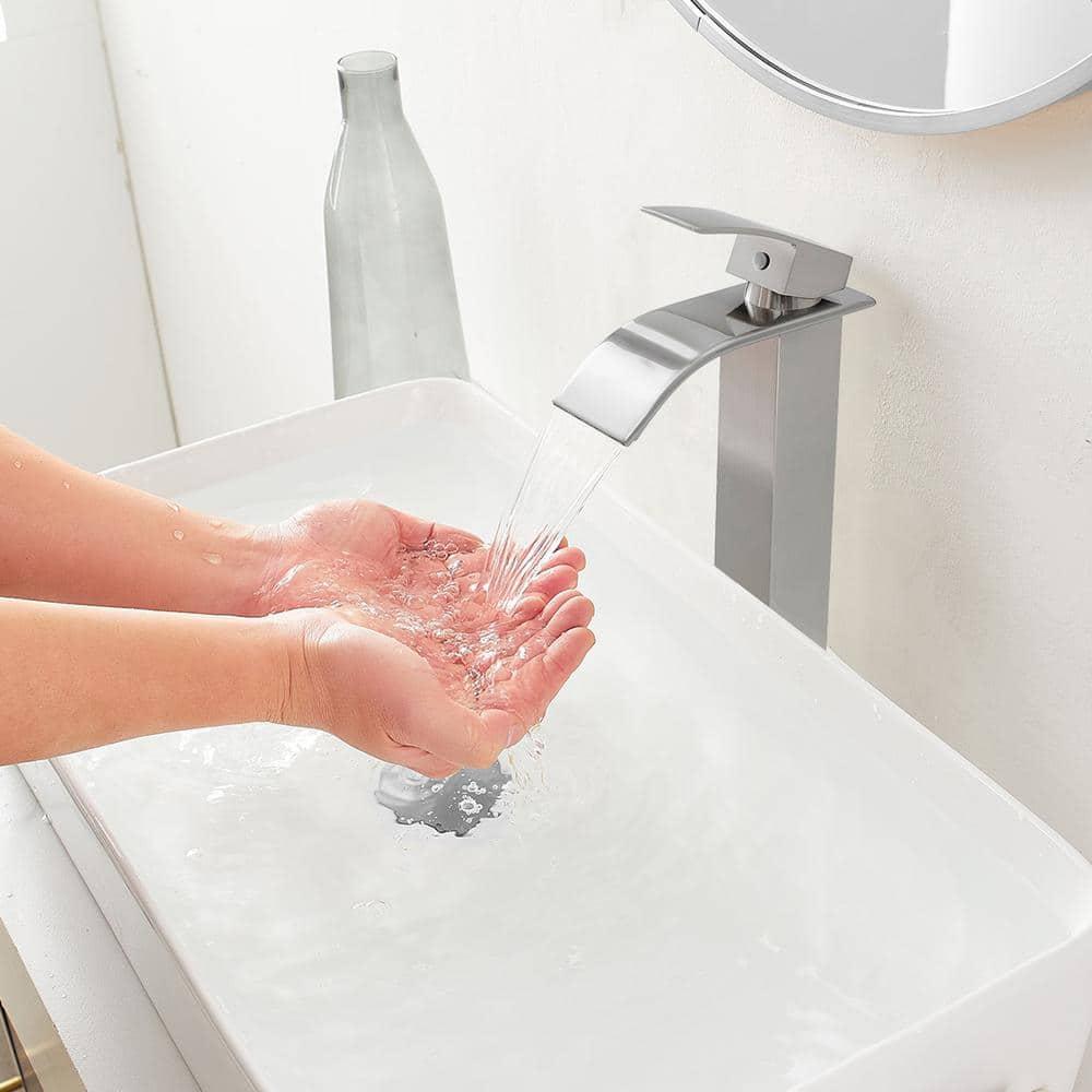 VOTON Vessel Sink Faucet Brushed Nickel Modern Tall Waterfall Bathroom Sink Faucet Single Handle Bathroom Faucet 1 Hole Bowl Lavatory Vanity Faucet, Rv Sink Camper Farmhouse Bathroom Faucet