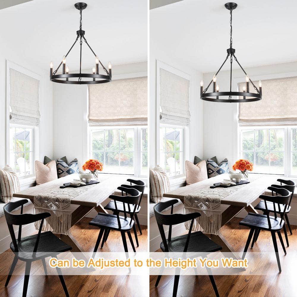 22.04 in. 6-Light Black Rustic Farmhouse Chandelier, Wagon Wheel Chandelier for Dining Room Living Room Bedroom Kitchen Black