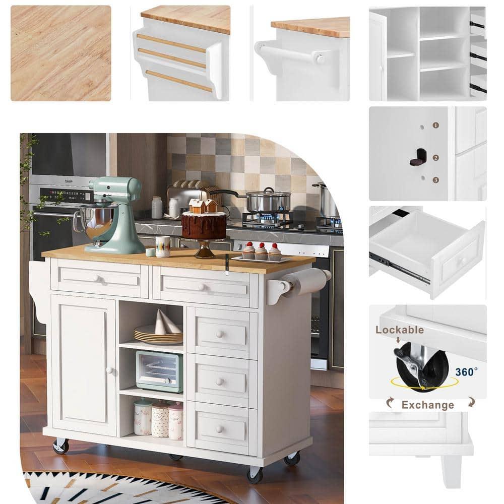 Kitchen Island Cart with 5 Drawers, 1 Cabinet and 2 Adjustable Shelves, 52.8" Kitchen Trolley Cart with Spacious Tabletop and Locking Wheels, Buffet Server Sideboard with Spice Rack & Towel Rack White