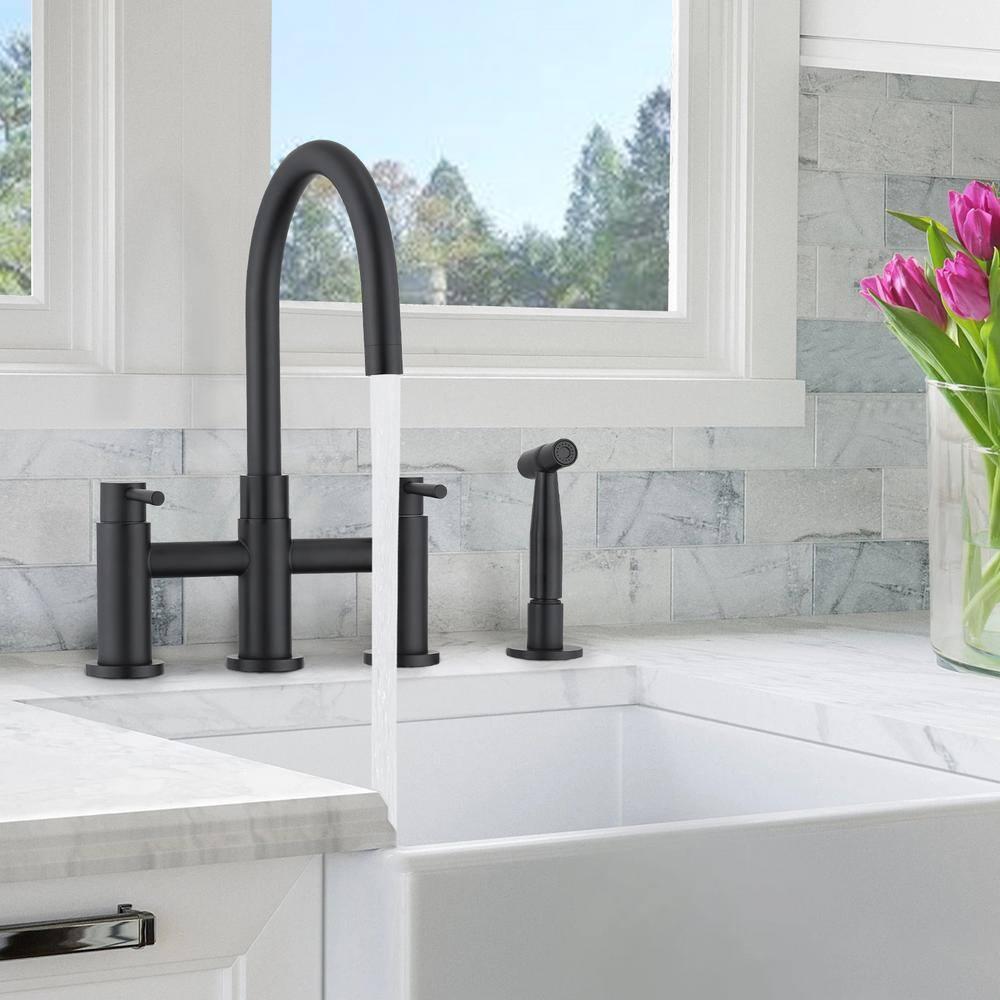Double Handle Bridge Kitchen Faucet with Side Sprayer in Matte Black