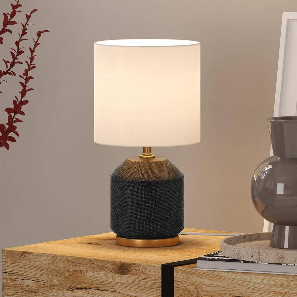 Evelyn&Zoe Esther 15" Tall Textured Ceramic Mini Lamp with Fabric Shade, Matte Black/Antique Brass/White