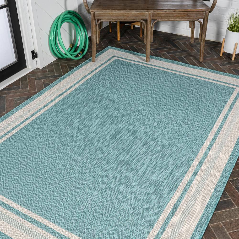 3' x 5' James Modern Border Stripe Indoor/Outdoor Area Rug, Aqua/Beige - JONATHAN Y