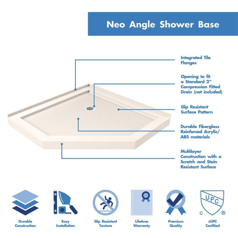 Prism 38" W x 38" D x 74.75" H Frameless Neo-Angle Reversible Shower Kit with Towel Bar and Base Included