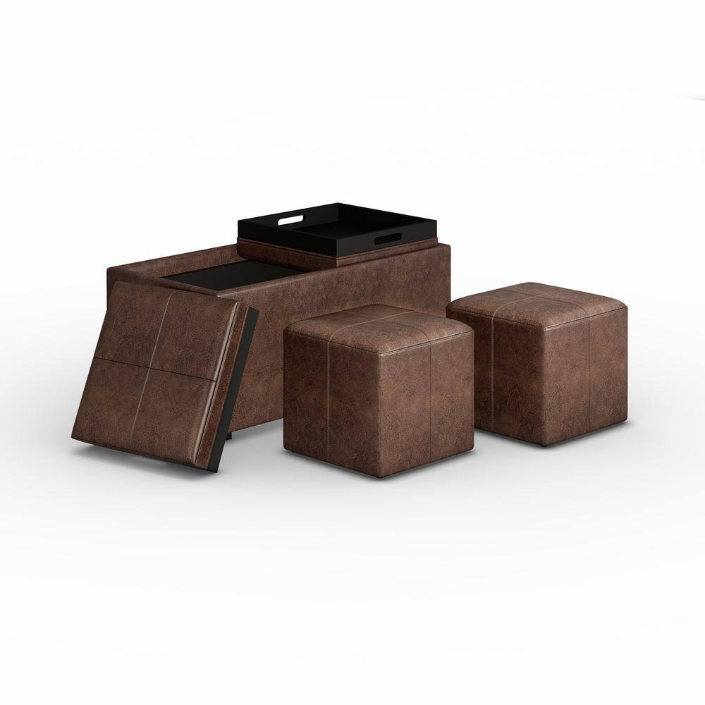 Simpli Home Avalon 35"W Upholstered Storage Ottoman Set with 5 Pieces and Flip-Over Serving Tray Lids