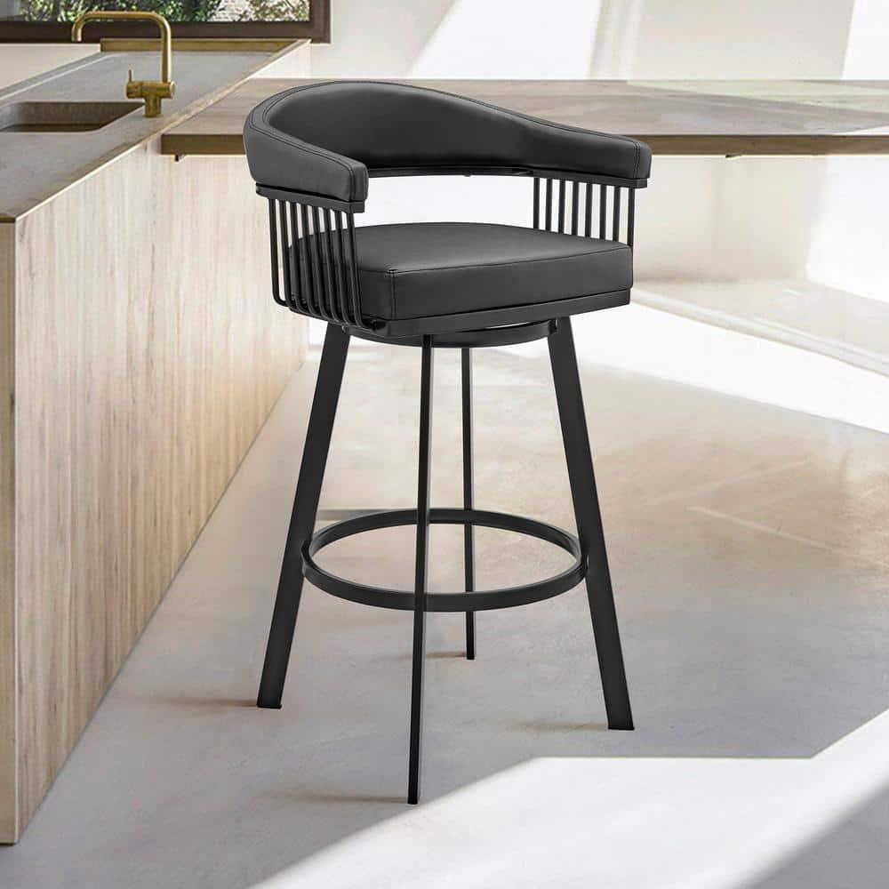 Armen Living Indoor Bronson 29" Bar Height Swivel Bar Stool in Black Finish and Black Faux Leather
