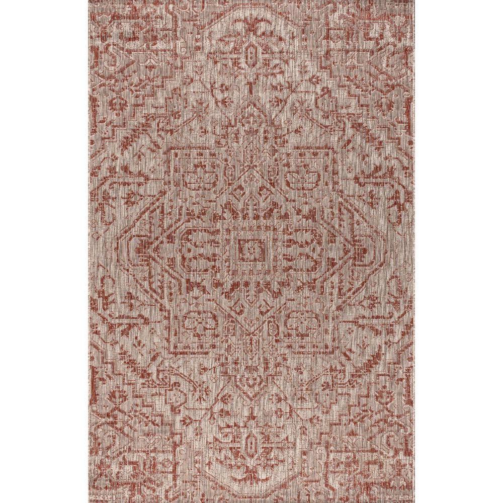 8'x10' Estrella Bohemian Medallion Textured Weave Indoor/Outdoor Area Rug, Red/Taupe - JONATHAN Y