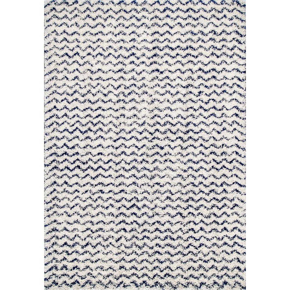 Nuloom Cuellar Striped 9x12 Shag Indoor Area Rug for Living Room Bedroom Dining Room Nursery, Navy/Ivory