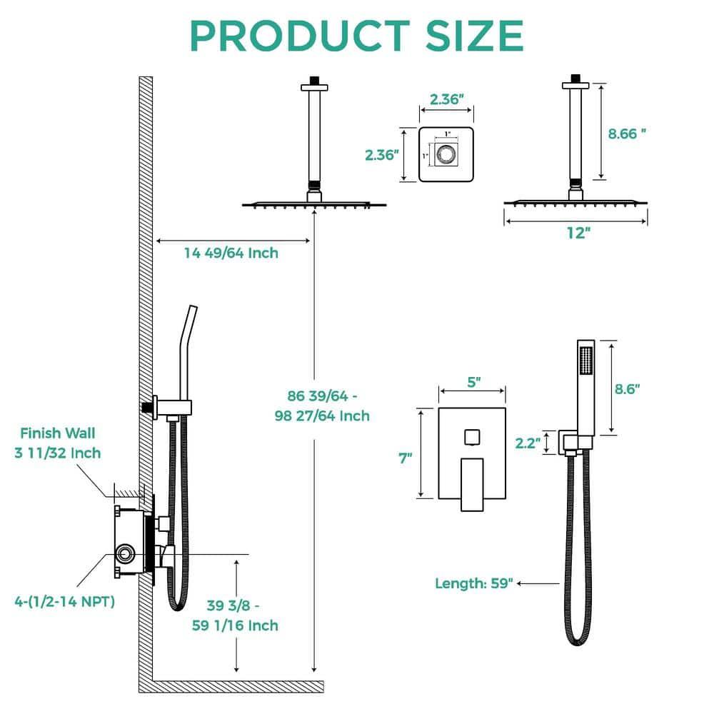 FORIOUS Shower Head System, 12 Inch Rain Shower Faucet Set with Handheld Spray Combo Rough-in Valve, Solid Brass Pressure Balanced Valve Trim Kit, Ceiling Mount, Chrome