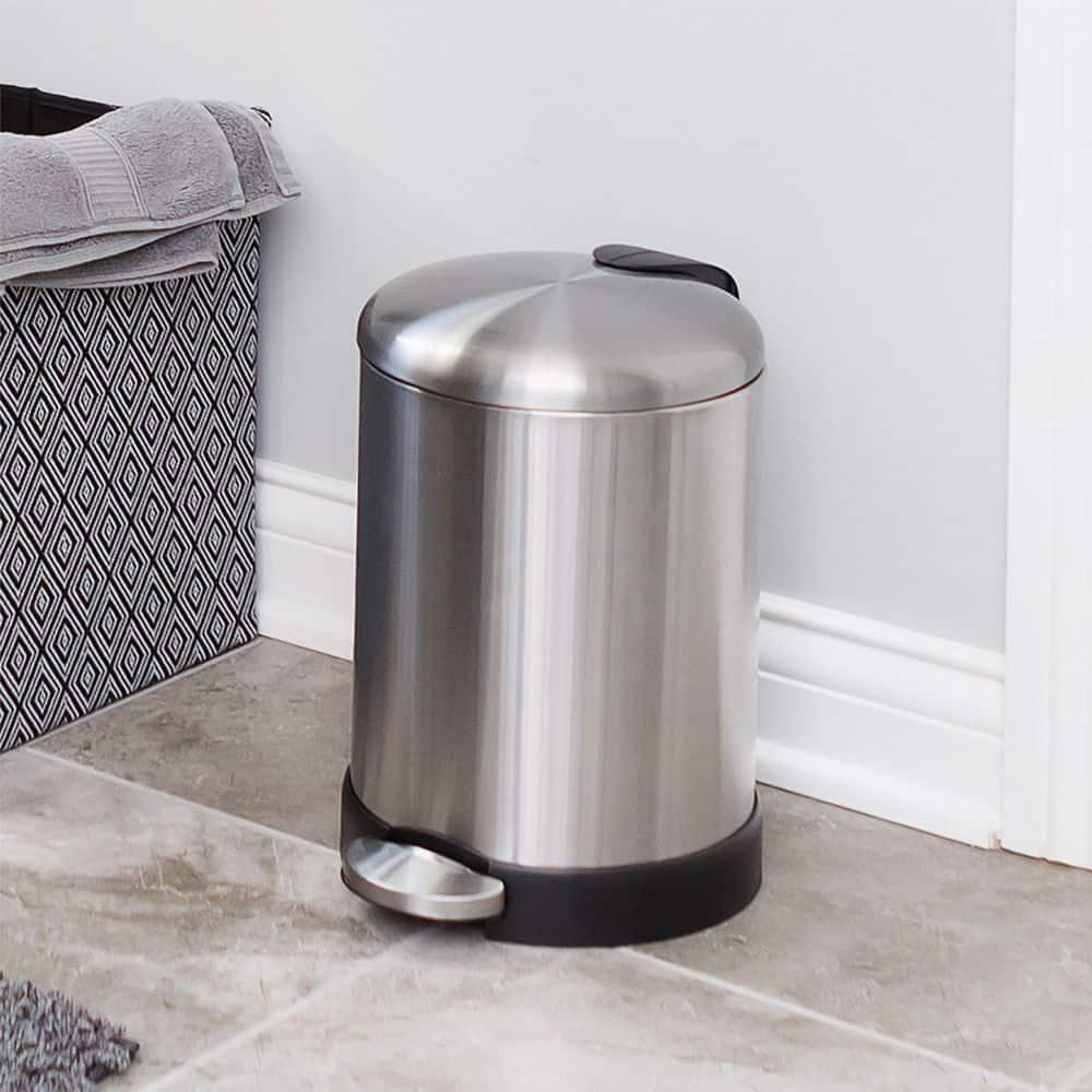 Glad Small Trash Can, 1.2 Gallon | Round Stainless Steel Garbage Bin with Soft Close Lid & Step Foot Pedal | Metal Waste Basket with Removable Inner Bucket, Stainless