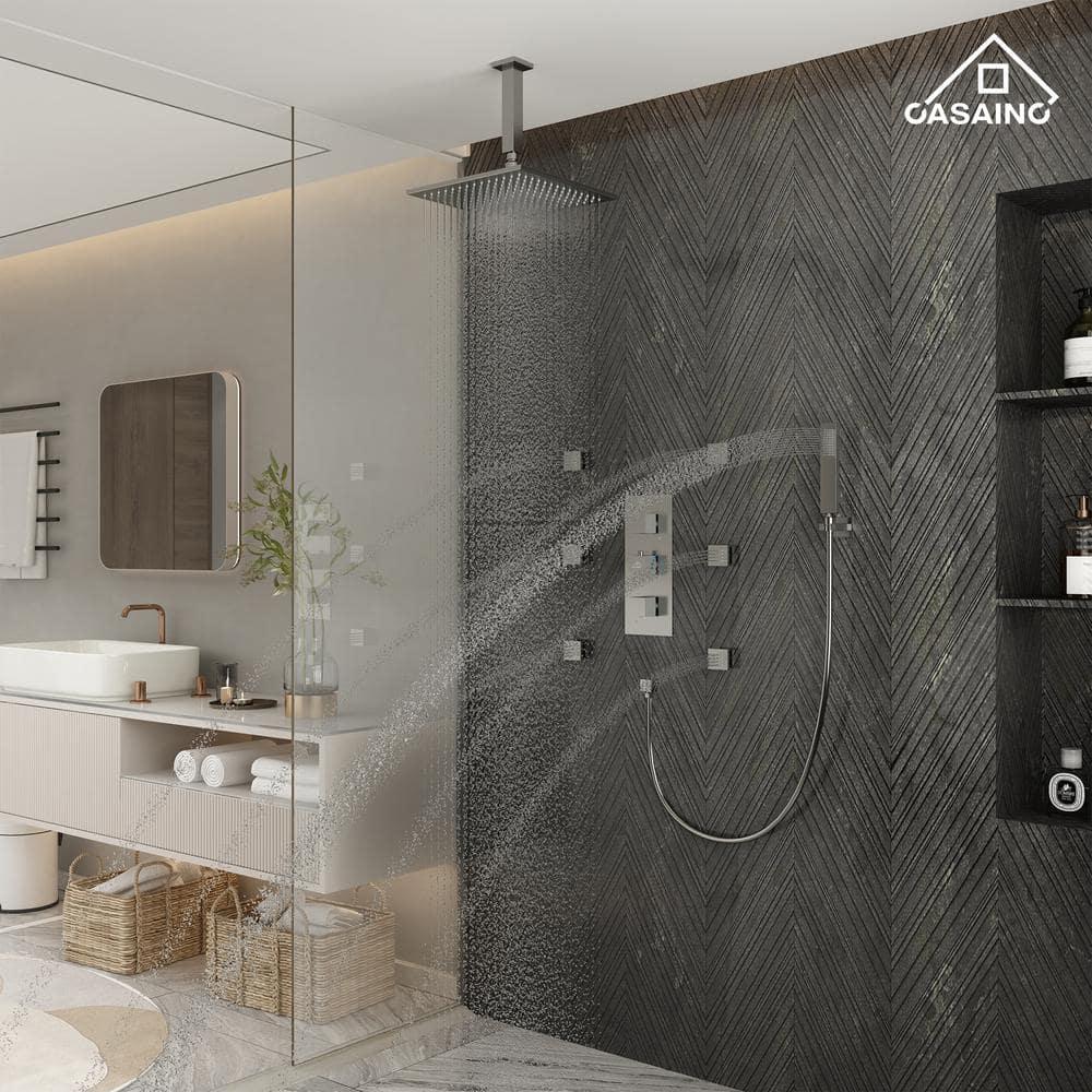 CASAINC LED Thermostatic Dual Shower Heads Ceiling Mount Fixed and Handheld Shower Head