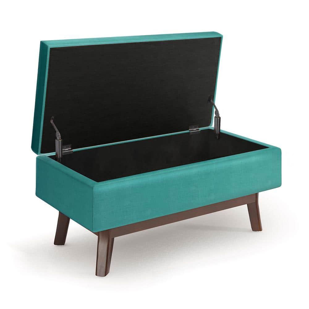 Simpli Home Owen 36 inch Wide Mid Century Modern Rectangle Small Rectangular Storage Ottoman in Aqua Blue Velvet Fabric