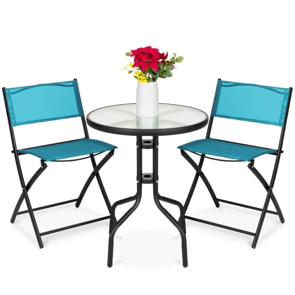 George Oliver 3-Piece Patio Bistro Dining Furniture Set W/ Glass Tabletop, Folding Chairs