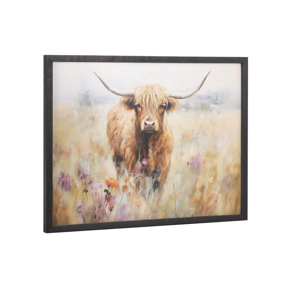 Kate & Laurel All Things Decor 16"x12" Gallery Highland Cow in a Flower Field Landscape Print by The Creative Bunch Studio Black