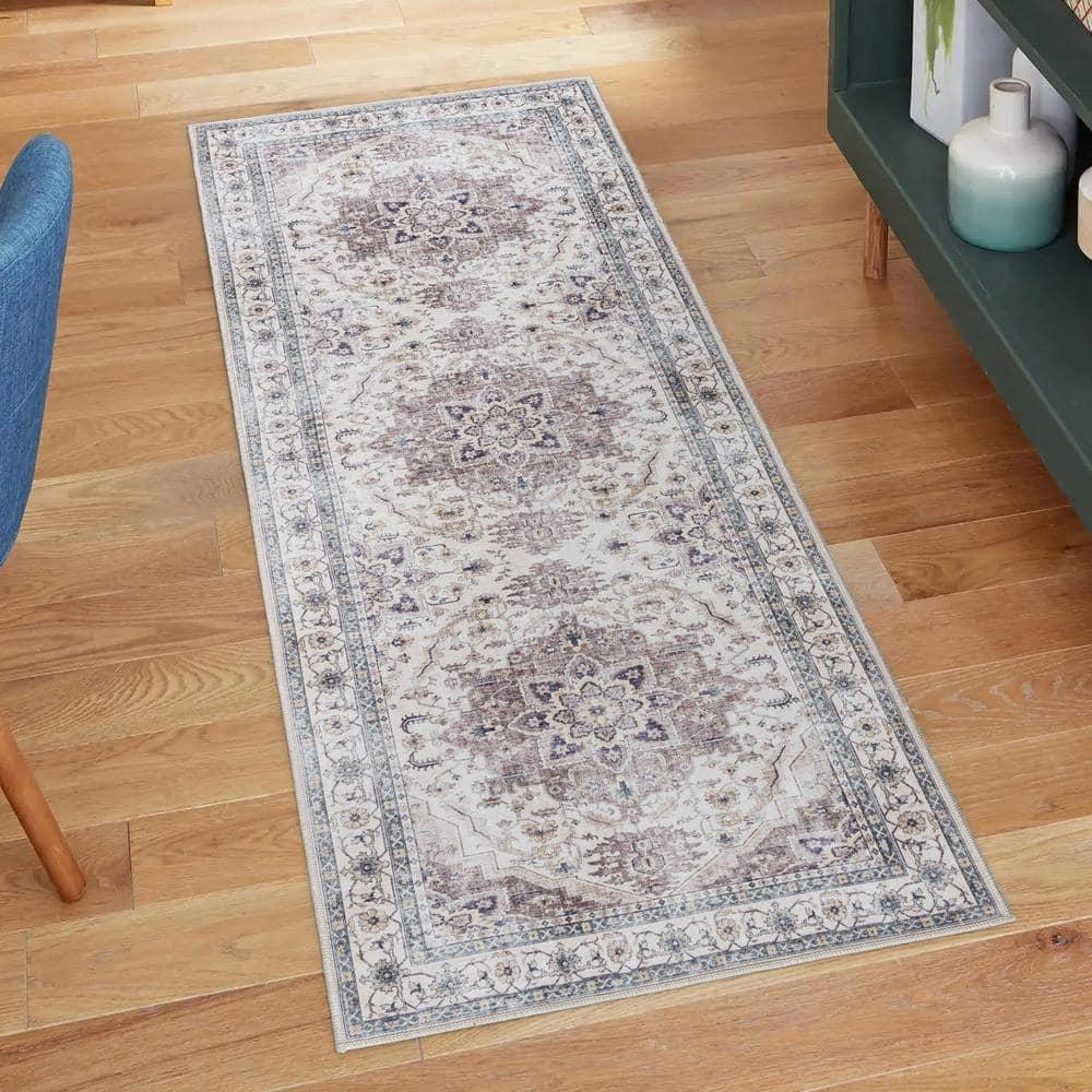 Gertmenian Crystal Print Tiefi Gray Ivory Multi Traditional Medallion Washable Flat Pile Indoor Area Rug