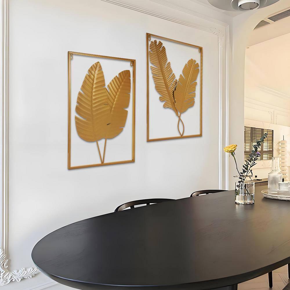 Rosdorf Park Gold Metal Wall Decor Set Of 2, Leaf Wall Hanging Home Decor With Frame, Modern Wall Art Decor Wall Sculptures For Living Room, Bedroom, Office, Hotel, Large 24" X 16"