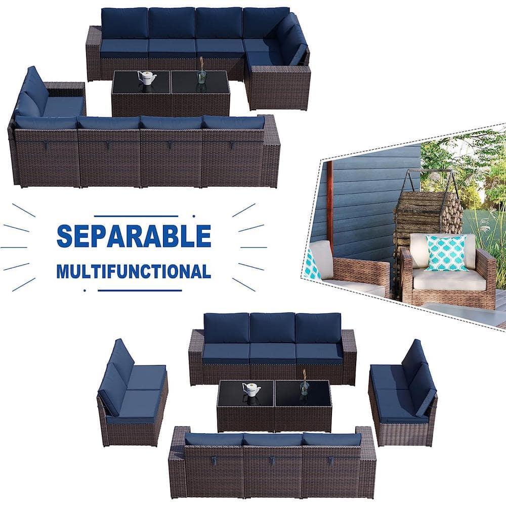 Kullavik 12PCS Outdoor Patio Furniture Set PE Wicker Rattan Sectional Sofa Patio Conversation Sets,Navy Blue