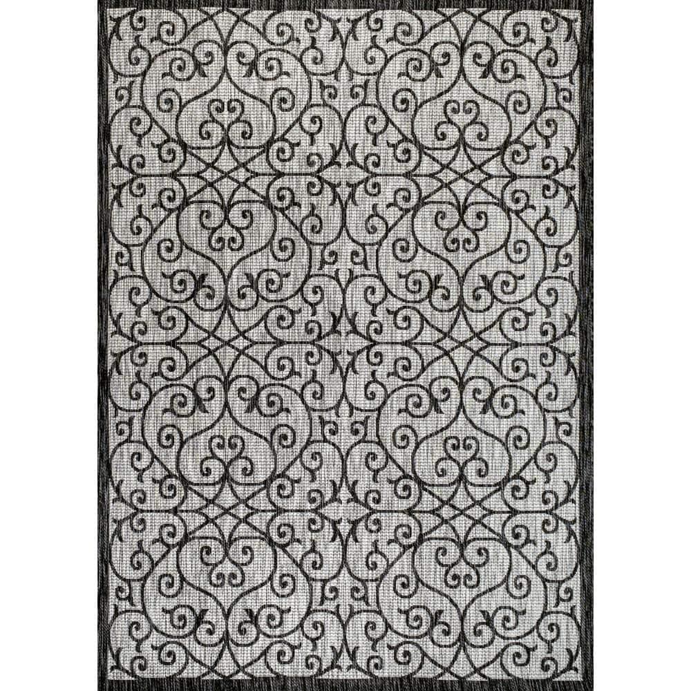 9' x 12' Madrid Vintage Filigree Textured Weave Indoor/Outdoor Area Rug, Light Gray/Black - JONATHAN Y