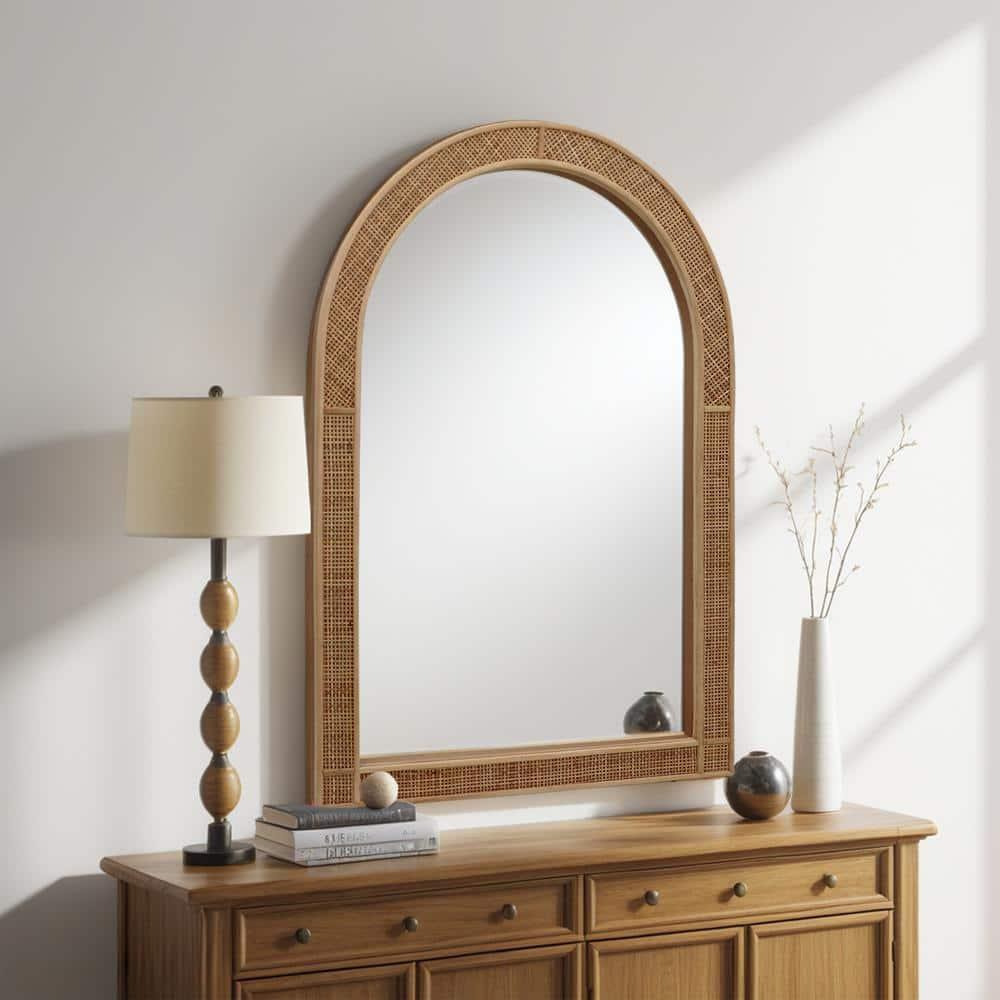 Parisloft Boho Arch Rattan Mirror - 25.5 x 37.4 Inch, Decorative Wall Mirror for Bathroom, Bedroom or Living Room, Natural