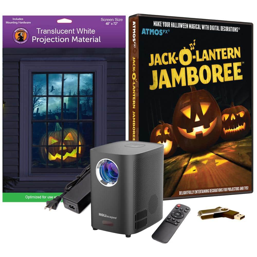 HoliScapes® USB Projector Kit - AtmosFX Jack-O-Lantern Jamboree USB + Projector + 48" x 72" Large White Holographic Screen