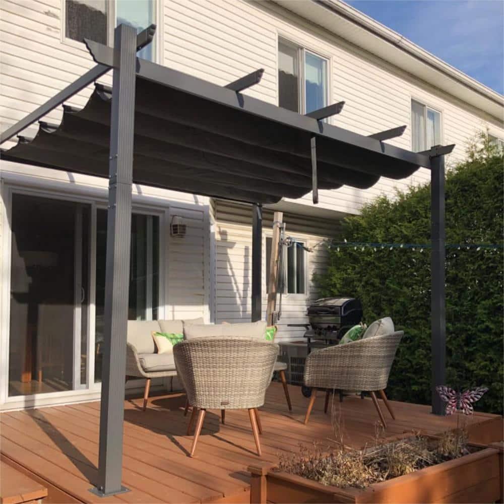 PURPLE LEAF Pergola 9.5' X 13' Outdoor Retractable Pergola Against The Wall with Sun Shade Canopy Aluminum Patio Pergola for Porch Garden Yard, Gray